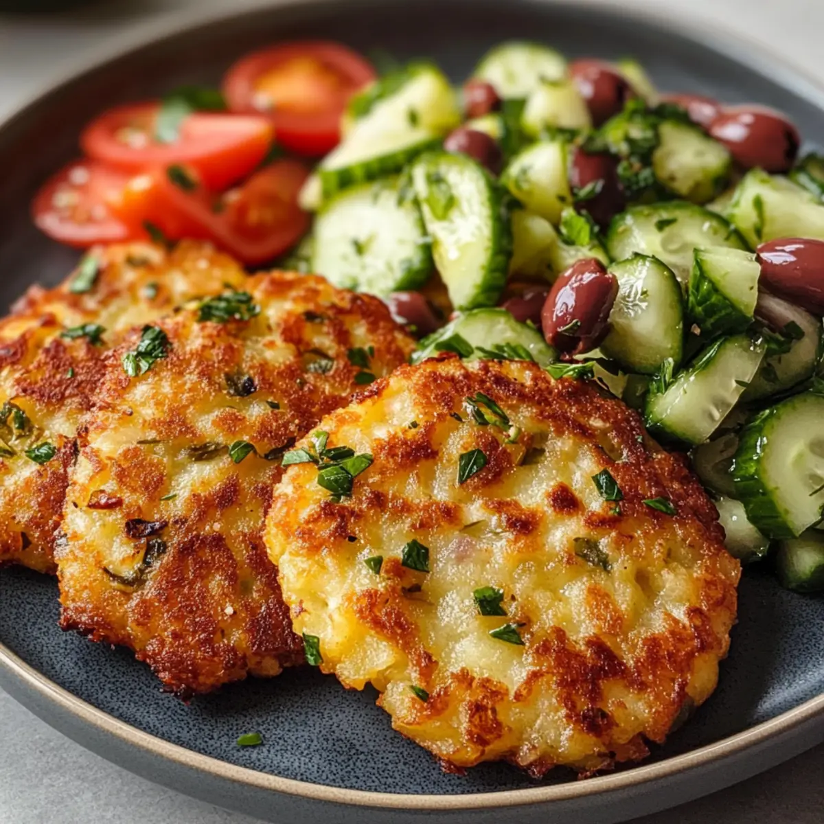 Mediterrane Kartoffel-Feta-Puffer mit Gurkensalat lecker