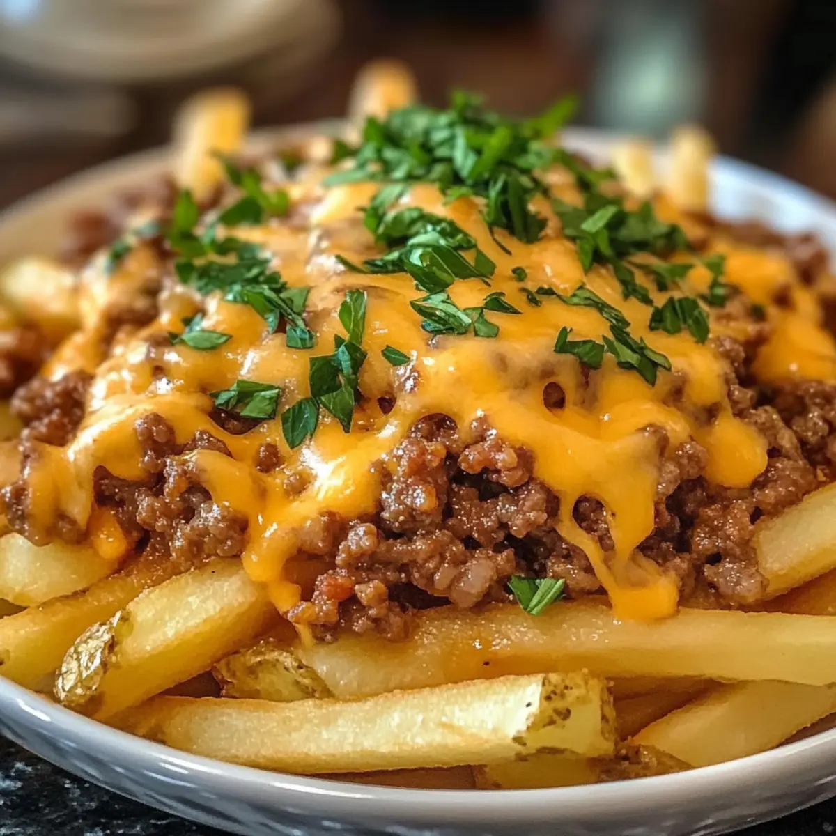 Pommes Frites mit Hackfleisch und Cheddar zaubern Spaß in der Küche