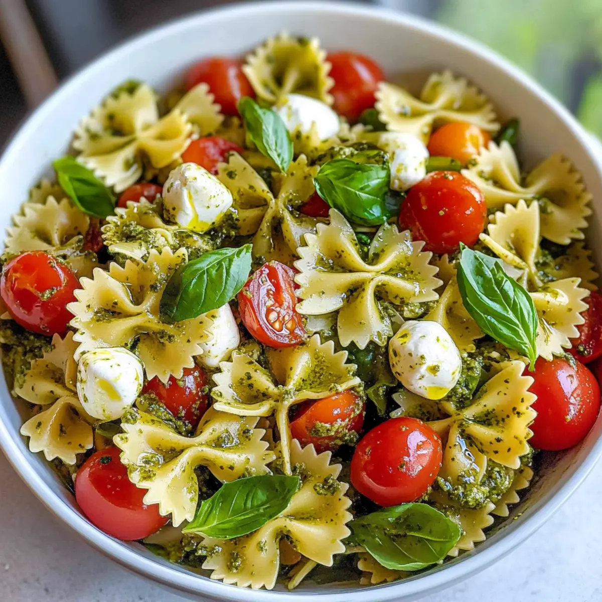 Schmetterlingsnudelsalat mit frischem Pesto