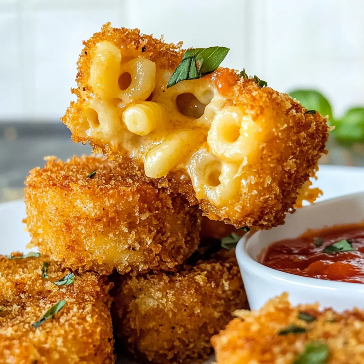 Frittierte Mac und Käse Bissen mit Basilikumsoße