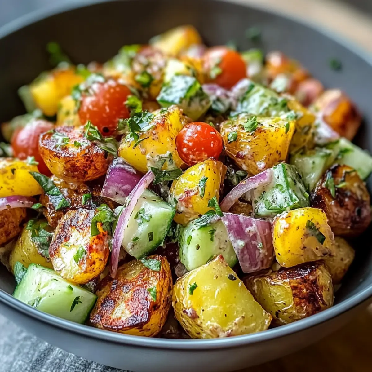Knuspriger Kartoffelsalat mit frischem Gemüse