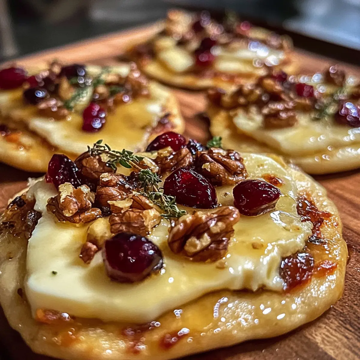 Mini-Pizza mit Brie, Cranberries und scharfem Honig